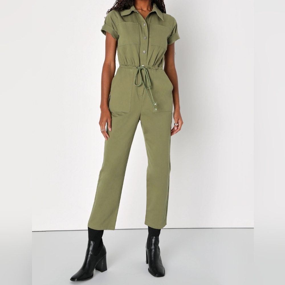 Lulus XS Olive Green Jumpsuit Women's Twill Short Sleeve Utility Jumper Pockets